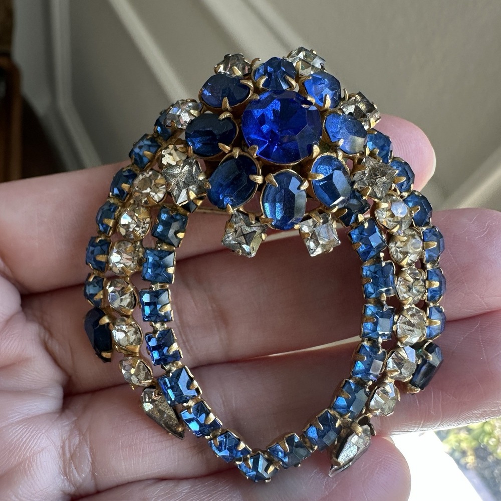 VTG Convertible Pendant Brooch 2.25" Blue Clear Gold Floral Austria Czech Tiered